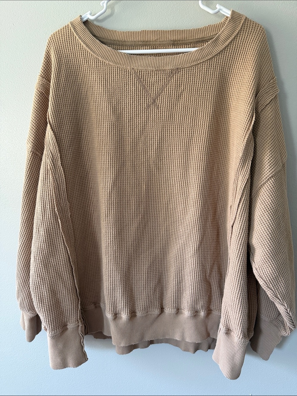 American Eagle Outfitters Waffle-Knit Crew Sweater in tan